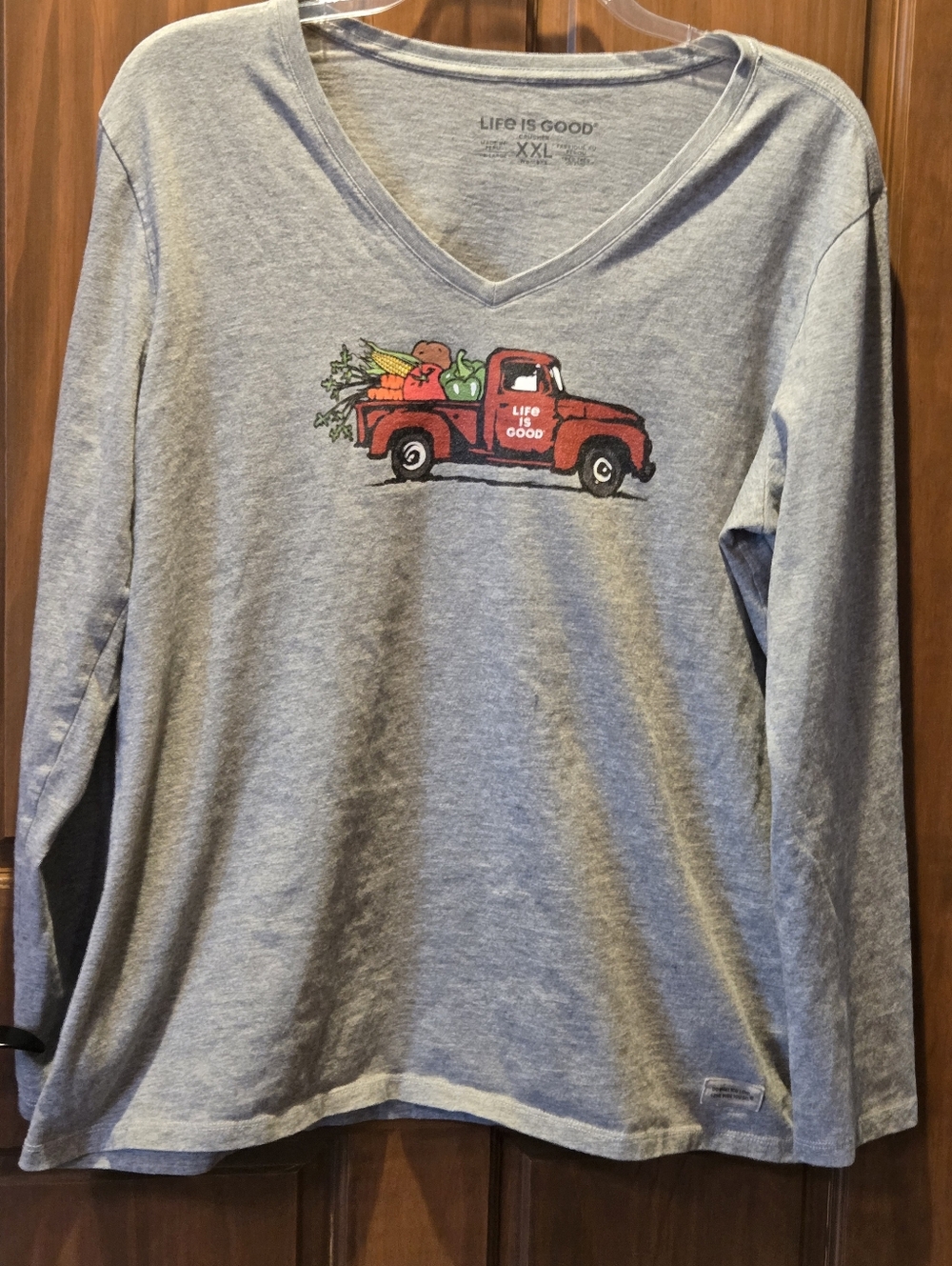 Life Is Good Gray V-Neck Long Sleeve Tee with Red Truck Graphic